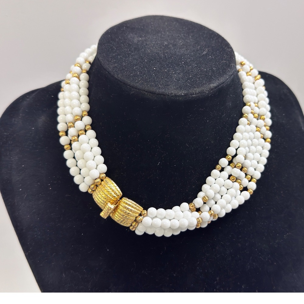 Multi Strand White milk glass Beaded Necklace Gold Tone Accent Clasp Statement - Picture 2 of 7